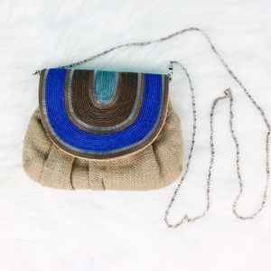 Vintage Burlap Bag W/ Blue Rope & Bronze Chain